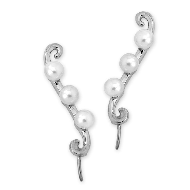 Triple Pearls Silver Ear Pin Earrings