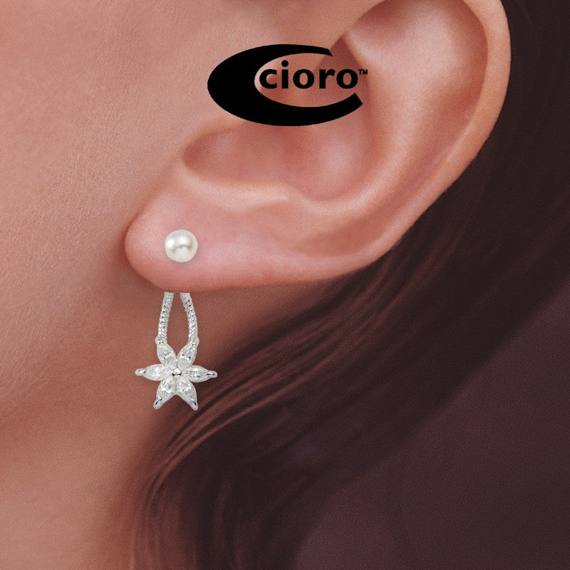 Front to Back Earrings - Silver Marquise CZ Pearl Stud Cioro Illusion Twisted Rope Earrings