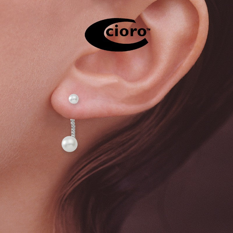 Front to Back Earrings - Silver Classic Round Freshwater Pearl Cioro Illusion Twisted Rope Earrings