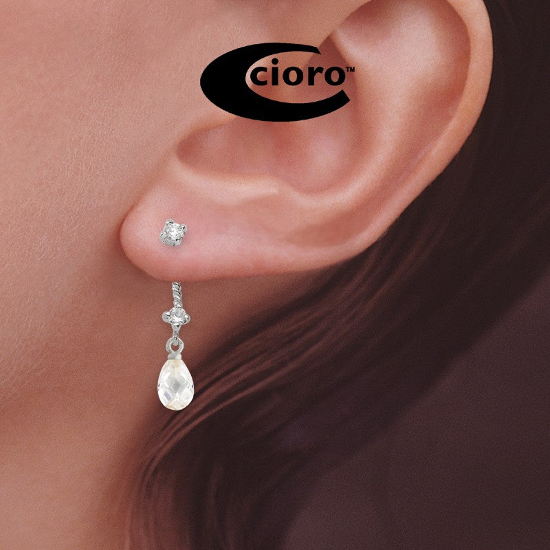 Front to Back Earrings - Silver Faceted Teardrop Cubic Zirconia Cioro Illusion Twisted Rope Earrings