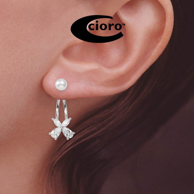 Front to Back Earrings - Silver Pear and Marquise CZ Pearl Stud Cioro Illusion Earrings