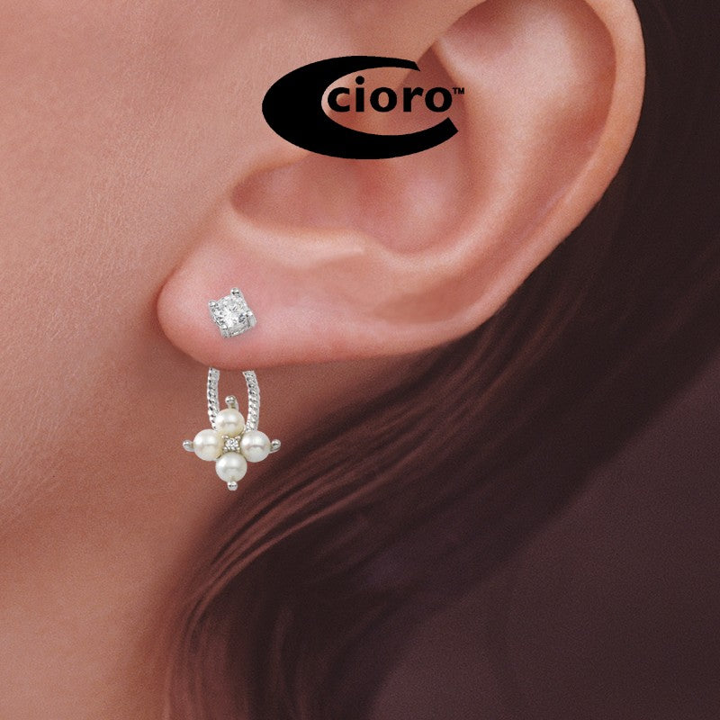 Front to Back Earrings - Silver Pearl Cluster CZ Cioro Illusion Double Twisted Rope Earrings
