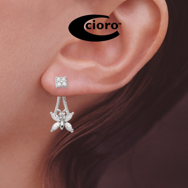 Front to Back Earrings - Silver Cubic Zirconia Butterlfy Cioro Illusion Double Twisted Rope Earrings