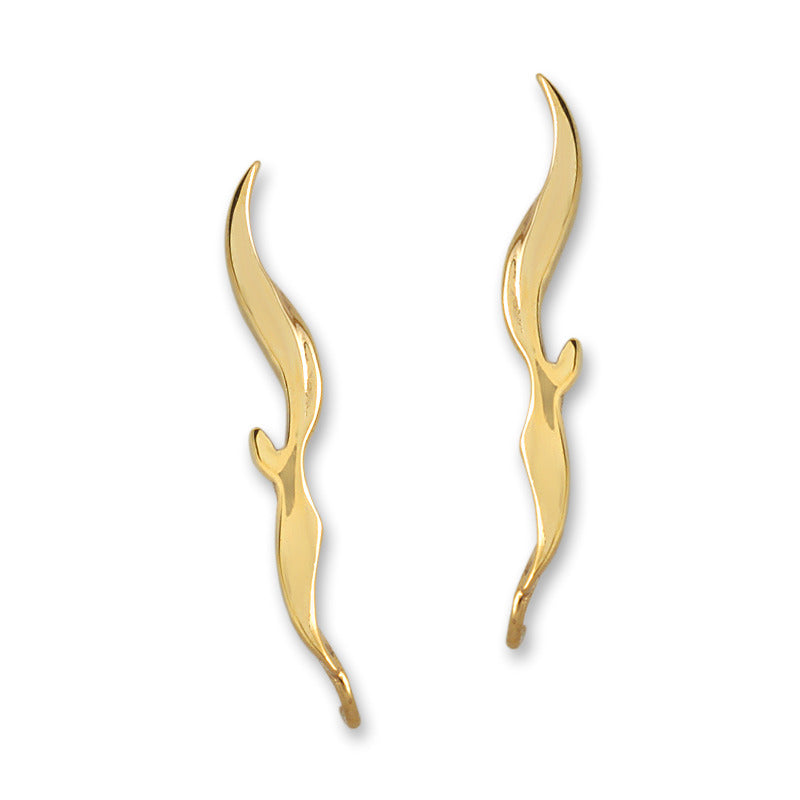 Ear Climber Earrings Slender Swirls - Ear Pin Earrings Delicate Swirls in 18k Gold Over Sterling Silver – Swirl Ear Crawler Earrings Product Shot with Left and Right Side