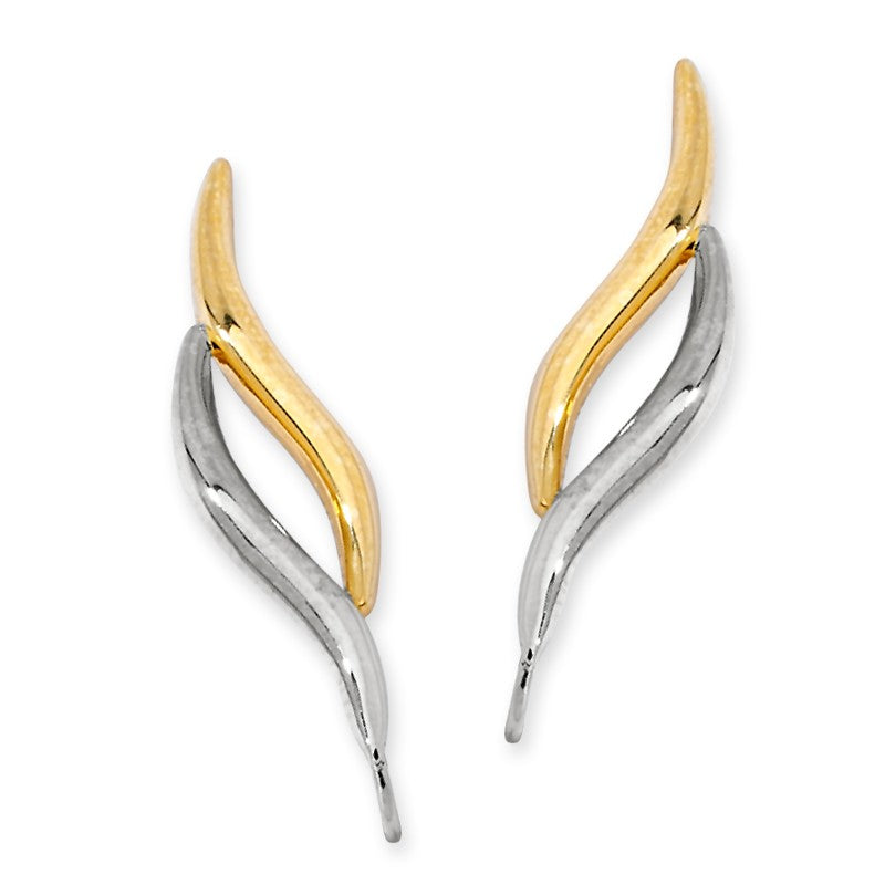 Ear Climber earrings double curve Ear Pin design in two tone sterling silver with 18K gold accent minimalist ear climber earring.