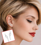 Ear Climber earrings double curve Ear Pin design in sterling silver flowing gracefully along the ear on a woman with short hair.