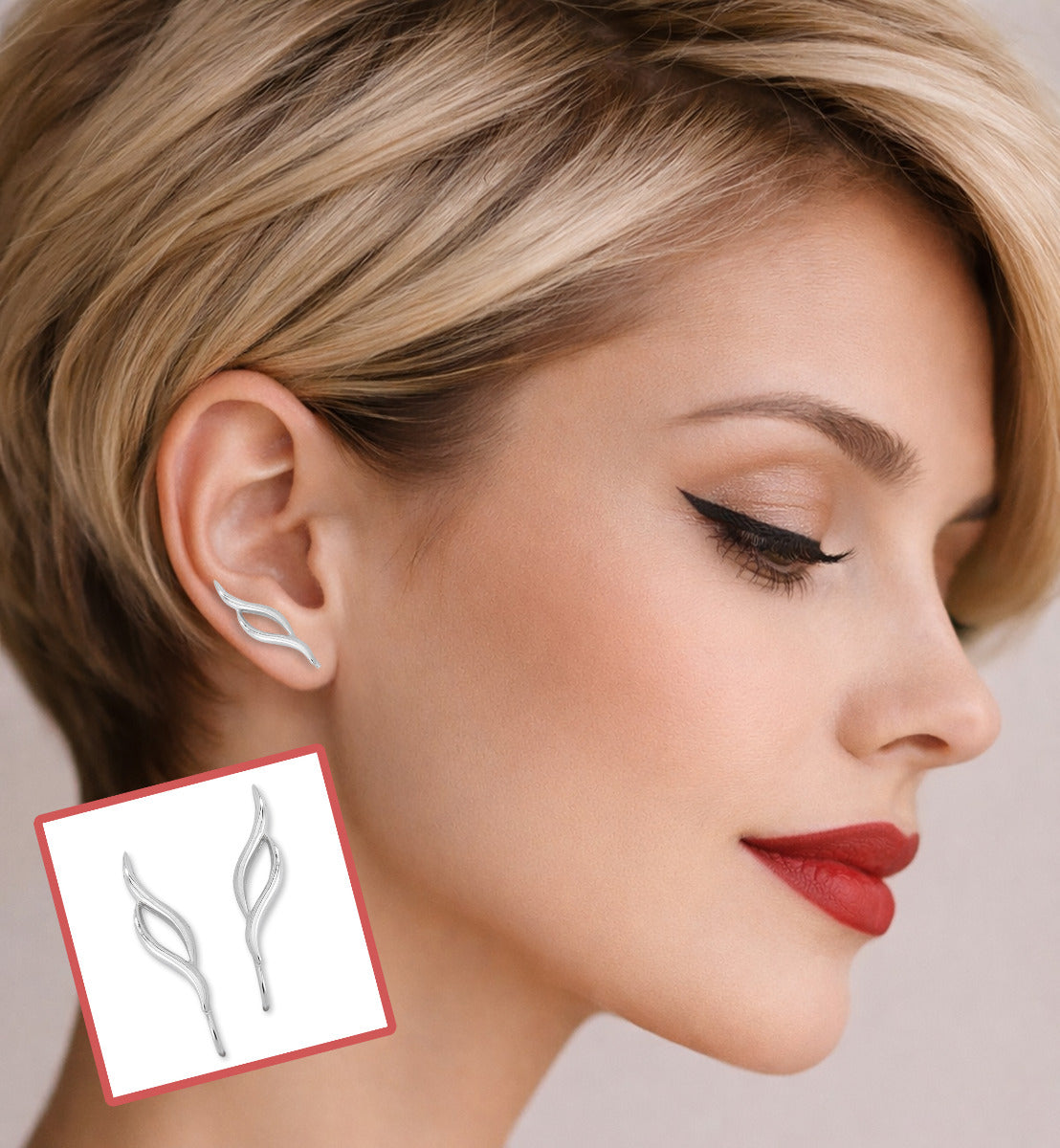 Ear Climber earrings double curve Ear Pin design in sterling silver flowing gracefully along the ear on a woman with short hair.