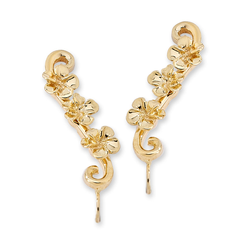 Triple Plumeria Gold Ear Pin Earrings
