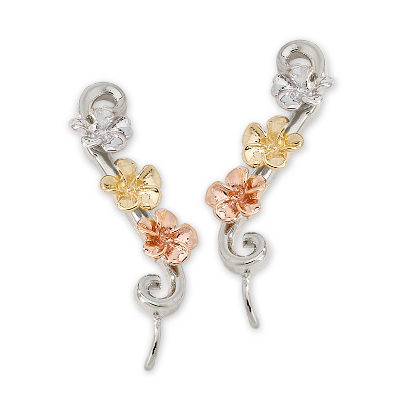 Sterling Silver Tri Color Plumeria Ear Pin Earrings