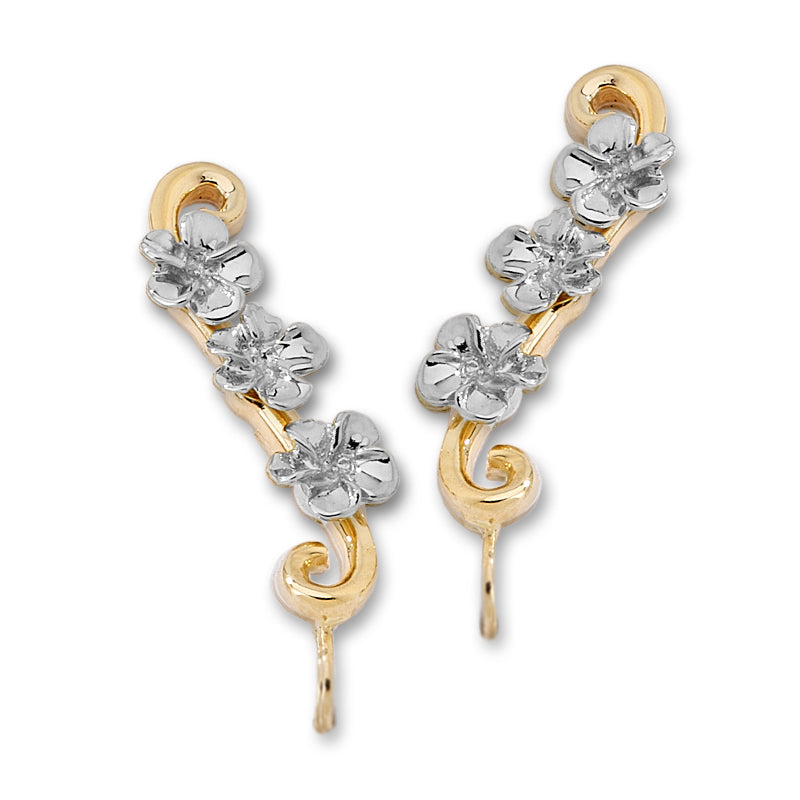 Two Tone Triple Plumeria Gold Ear Pin Earrings