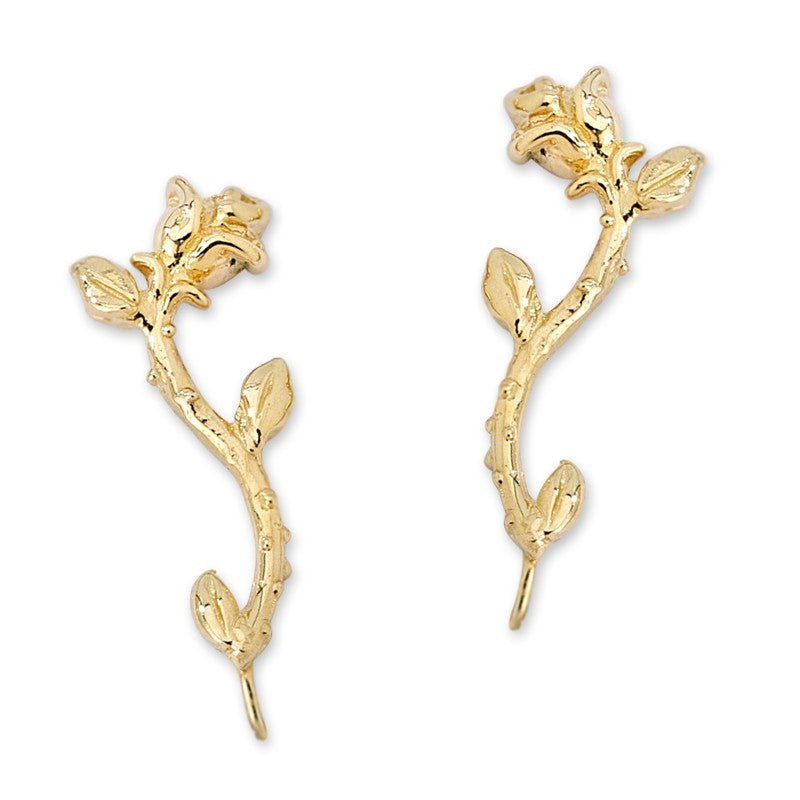 Rose Stem Gold over Silver Ear Pin Earrings