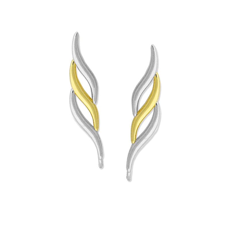 Silver Two Tone Gold and White Triple Curve Ear Pin Earrings