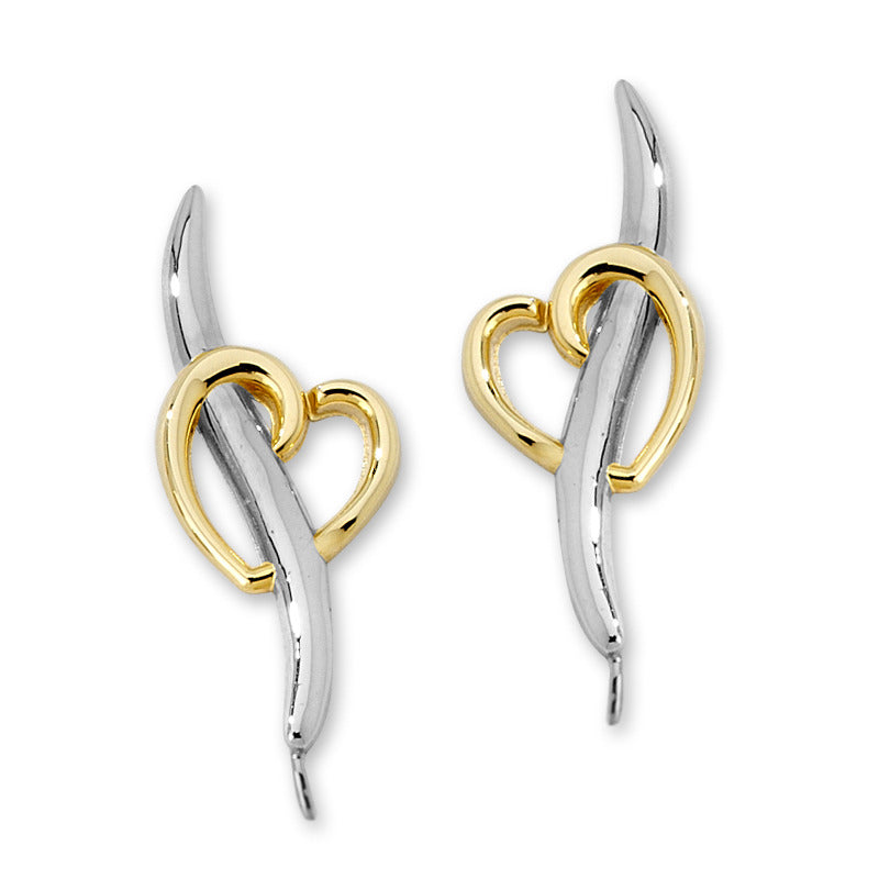 Ear Climber Earrings Heart Center in Two Tone Gold and Silver Finish Sterling Silver Product Shot