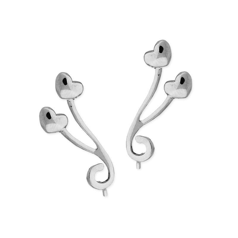 Ear Pin Ear Climber Earrings Double Swirl Hearts Sterling Silver