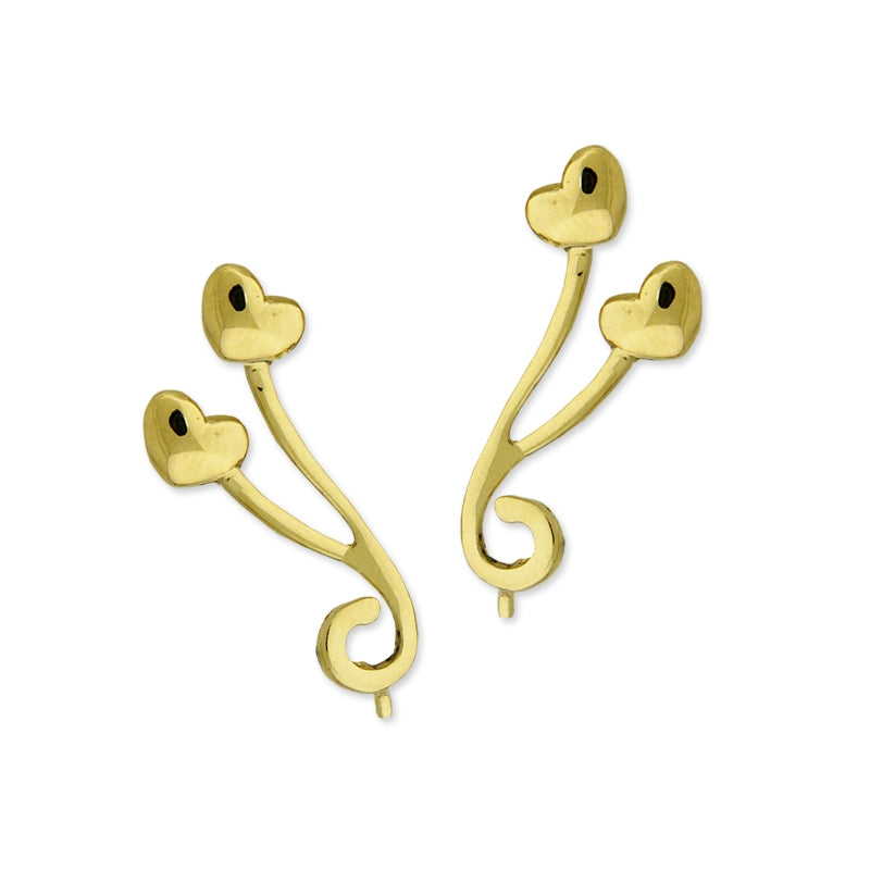 Ear Pin Ear Climber Earrings Double Swirl Hearts 18k Gold Over Silver