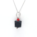 Jet Azabache Pendant w Red Coral Bead 6mm Size 14k White Gold