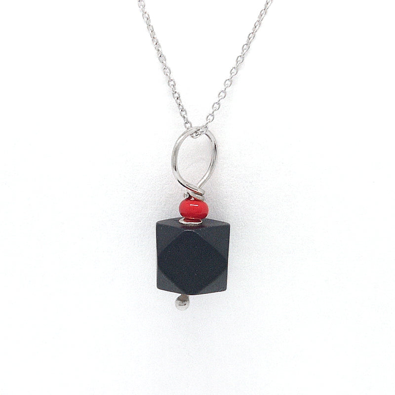 Jet Azabache Pendant w Red Coral Bead 6mm Size 14k White Gold