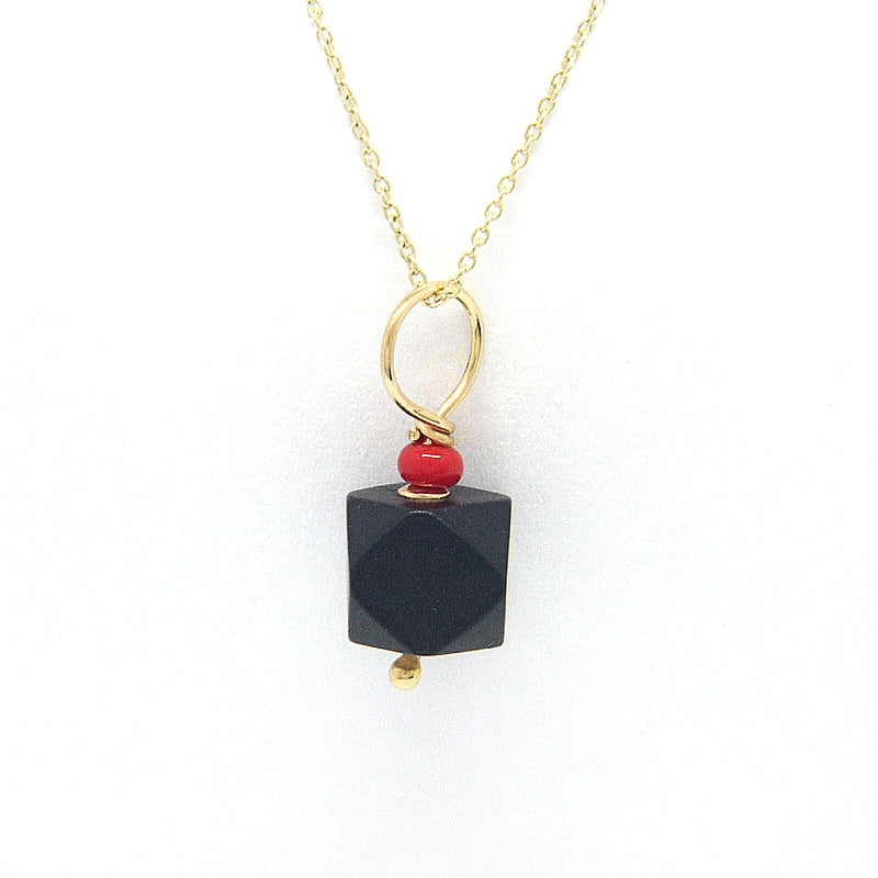 Jet Azabache Pendant 6mm w Red Coral Bead Gold Over Silver