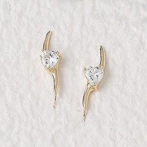 Cubic Zirconia Ear Climber Earrings - Heart Shape Cubic Zirconia - Ear Pin - 14k Yellow Gold