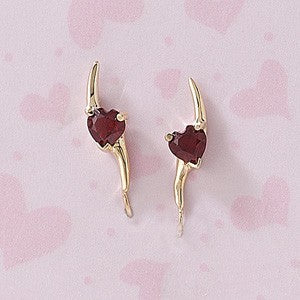 Garnet Ear Climber Earrings - Heart - Ear Pin - 14k Yellow Gold