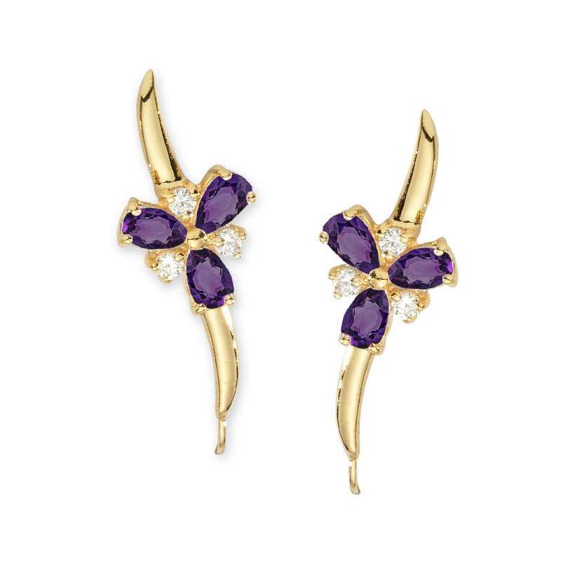 14k Yellow Gold Amethyst & Diamond Pears Ear Pin Earrings