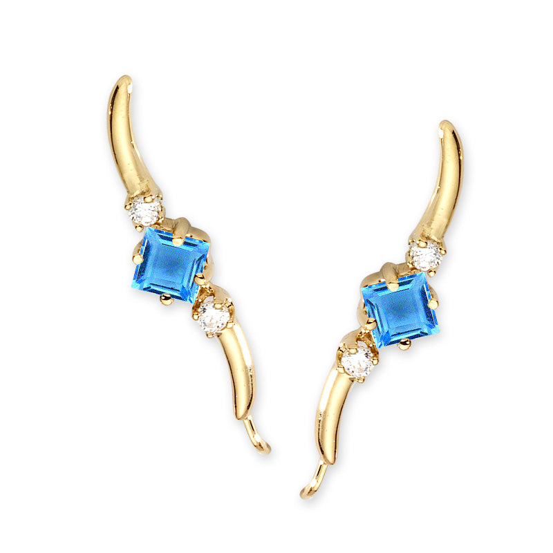 14k Yellow Gold Square Blue Topaz & Cubic Zirconia Ear Pin Earrings
