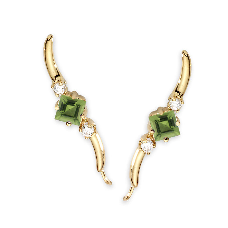 Diamond Ear Climber Earrings - Peridot Square - Ear Pin - 14k Yellow Gold