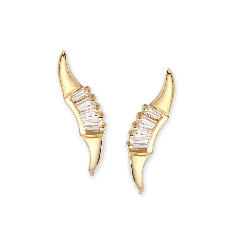 14k Yellow Gold Cubic Zirconia Baguet Fan Ear Pin Earrings