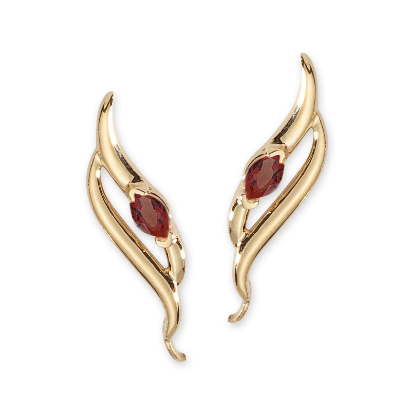 14k Yellow Gold Ruby Marquise Double Swirl Ear Pin Earrings