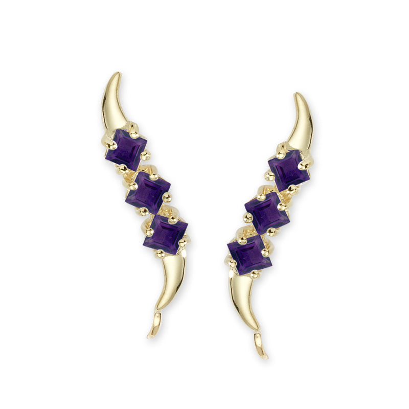 14k Yellow Gold Square Cut Triple Amethyst Ear Pin Earrings