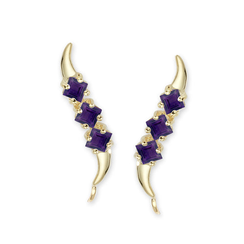 14k Yellow Gold Square Cut Triple Amethyst Ear Pin Earrings