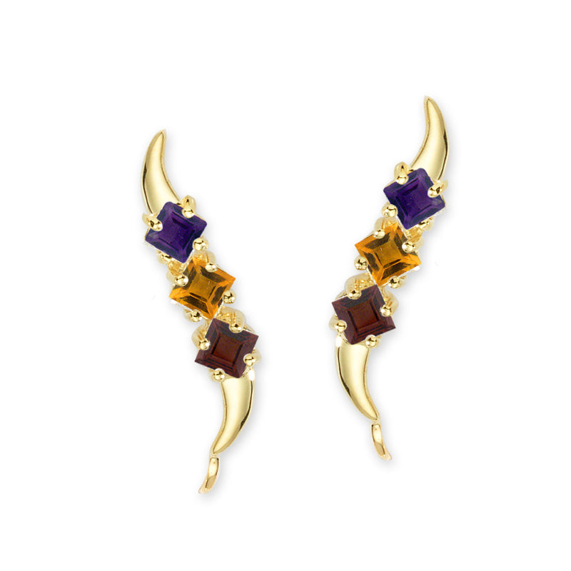 14k Yellow Gold Square Cut Triple Multi-color Gemstone Ear Pin Earrings