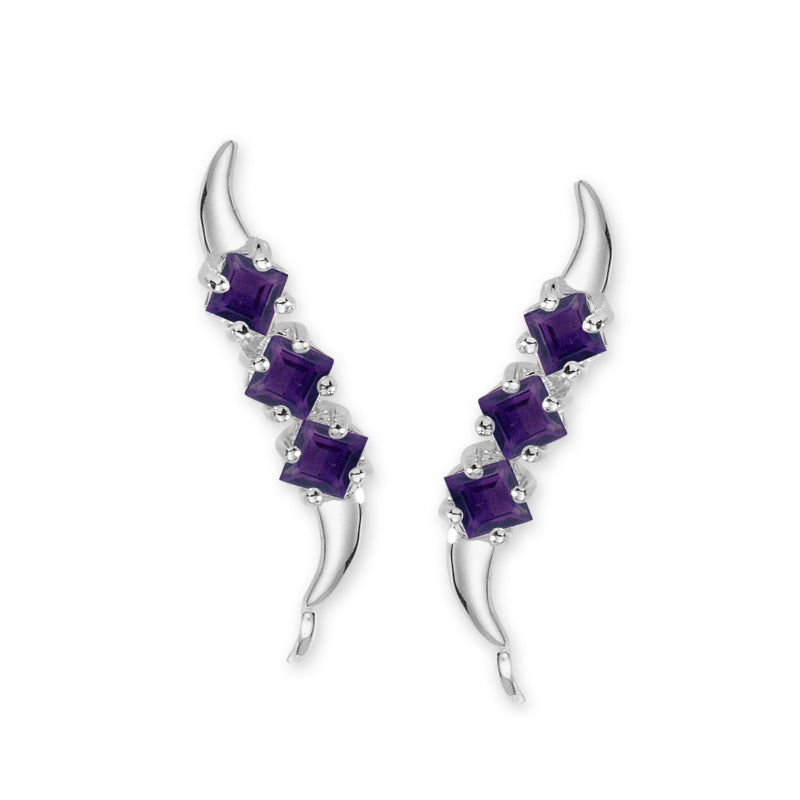 Birthstone Ear Climbers Triple Square Cut Ear Pin Earrings 10k White Gold