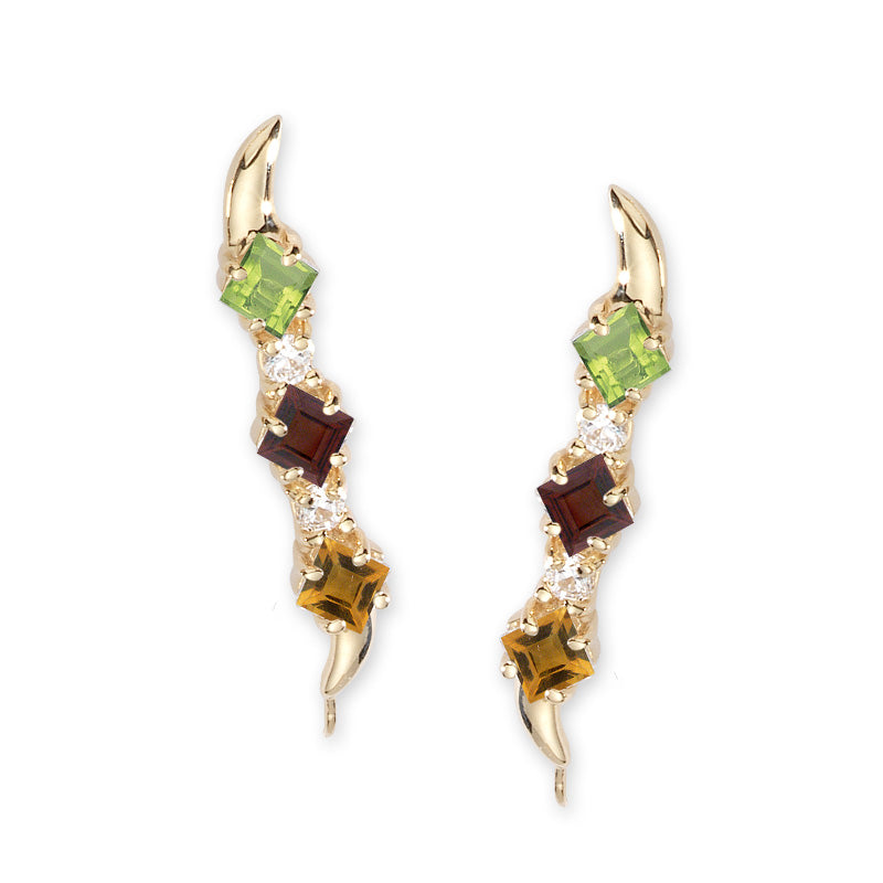 14k Yellow Gold Square Multi-Color Gemstones & CZ Ear Pin Earrings