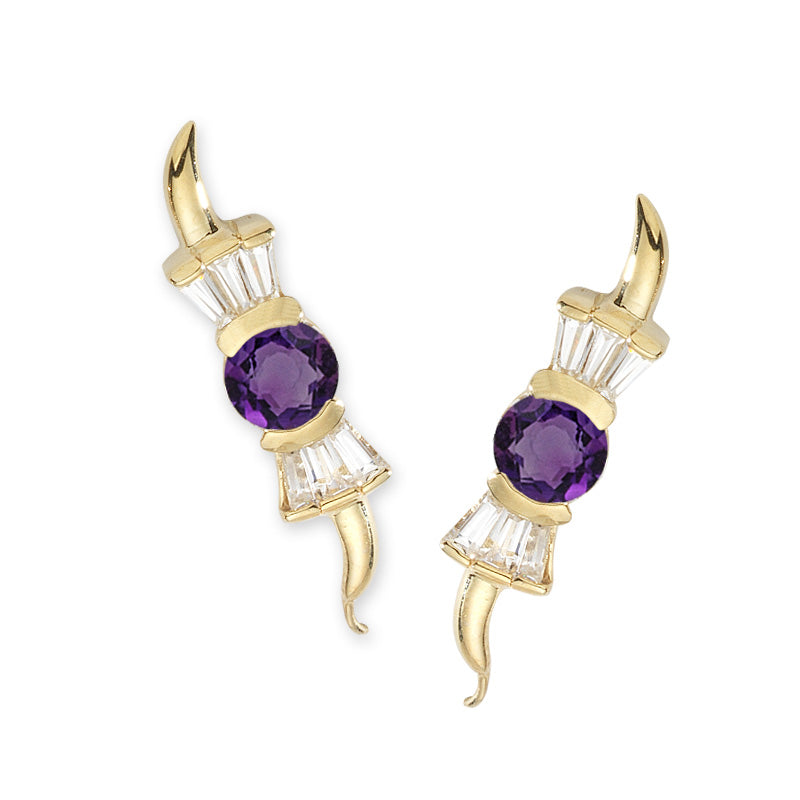 14k Yellow Gold Round Amethyst & Baguet CZ Ear Pin Earrings