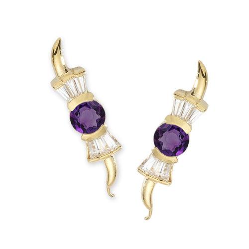 14k Yellow Gold Round Amethyst & Baguet CZ Ear Pin Earrings