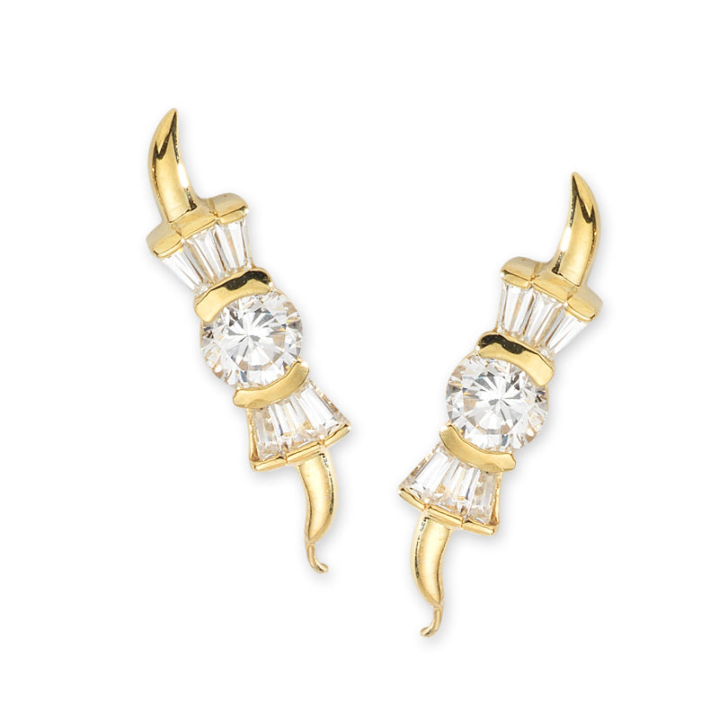 14k Yellow Gold Round & Baguet Cubic Zirconia Ear Pin Earrings