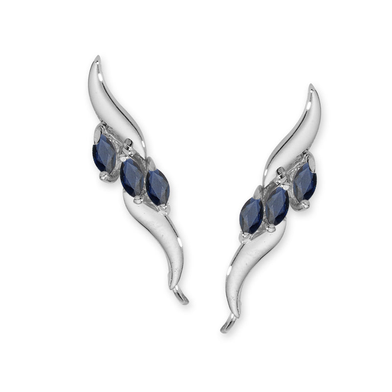 Blue Sapphire Ear Climbers Triple Marquise Gemstones Ear Pin Earrings 10k White Gold