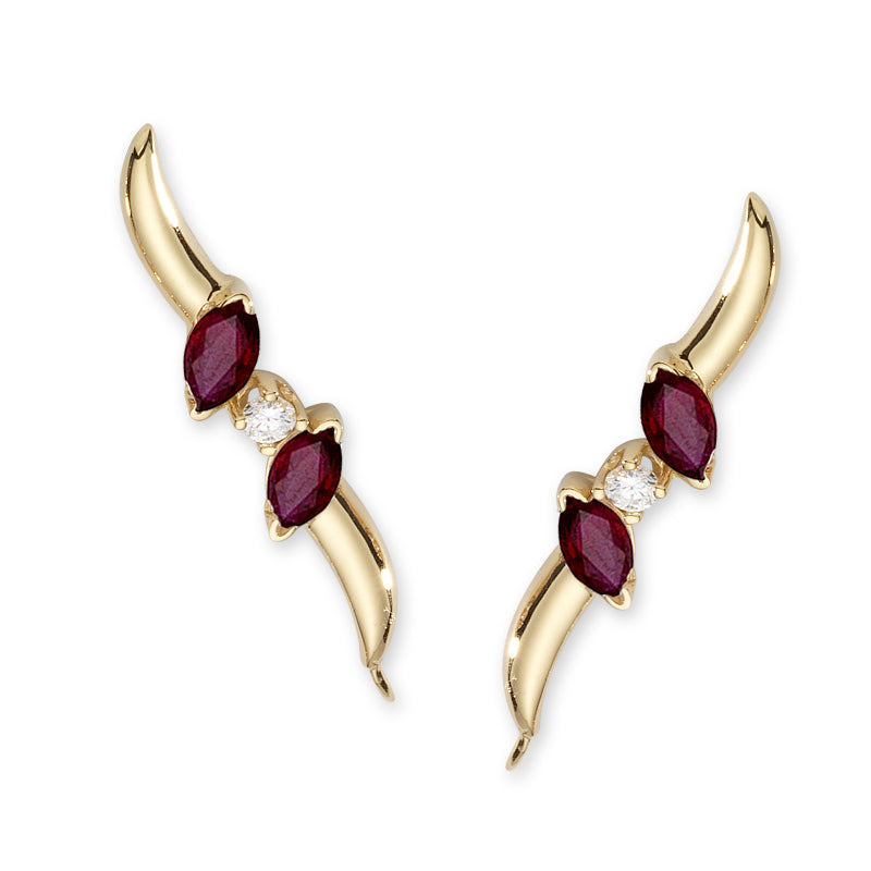 Diamond Ear Climber Earrings - Ruby & Diamond - Ear Pin - 14k Yellow Gold - Style 7153-R08L--