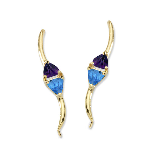 Trillion Amethyst & Blue Topaz Ear Pin Earrings in 14k Yellow Gold