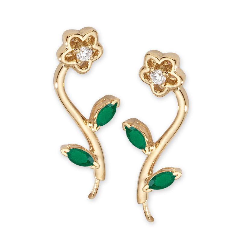 Green Onyx & Diamond Flower Stem Ear Pin Earrings 