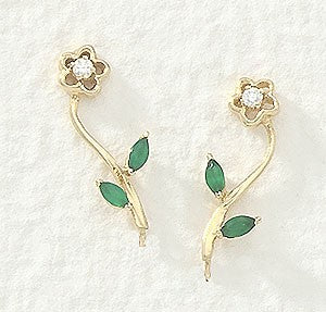 Green Onyx & CZ Flower Stem Ear Pin Earrings 