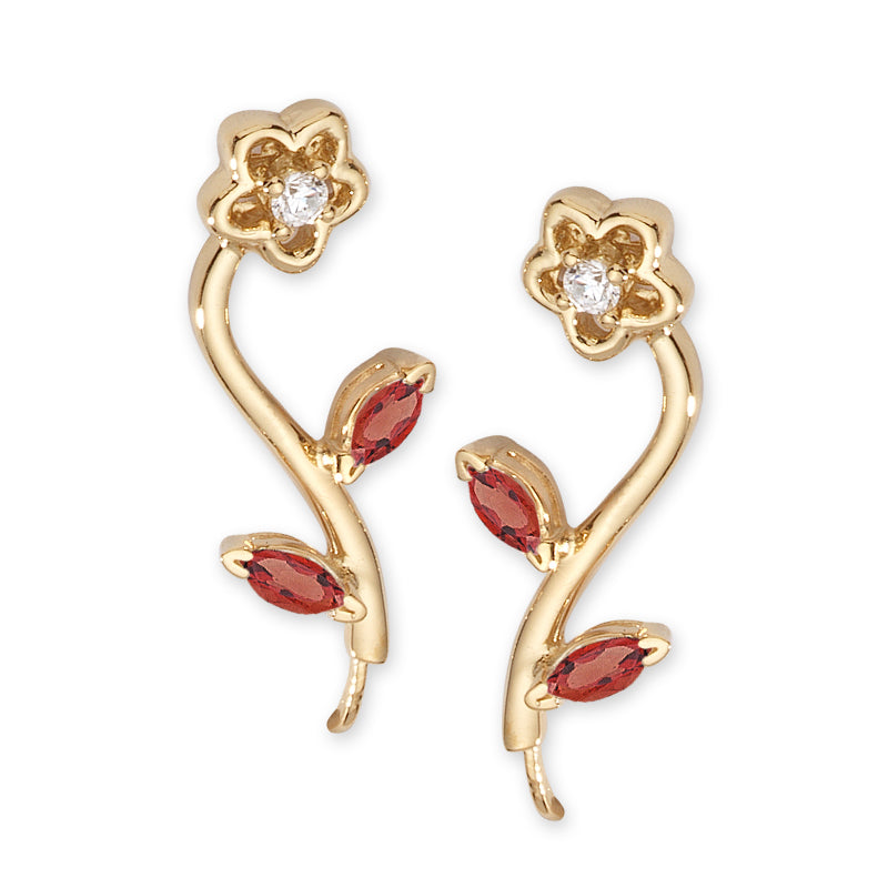 Ruby & Cubic Zirconia Flower Ear Pin Earrings