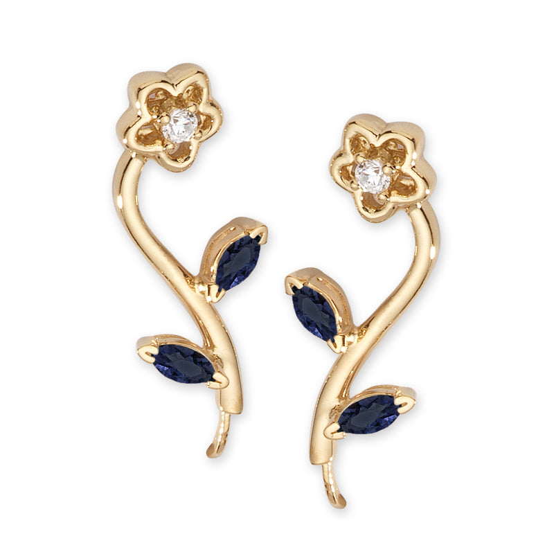 Blue Sapphire & CZ Flower Ear Pin Earrings