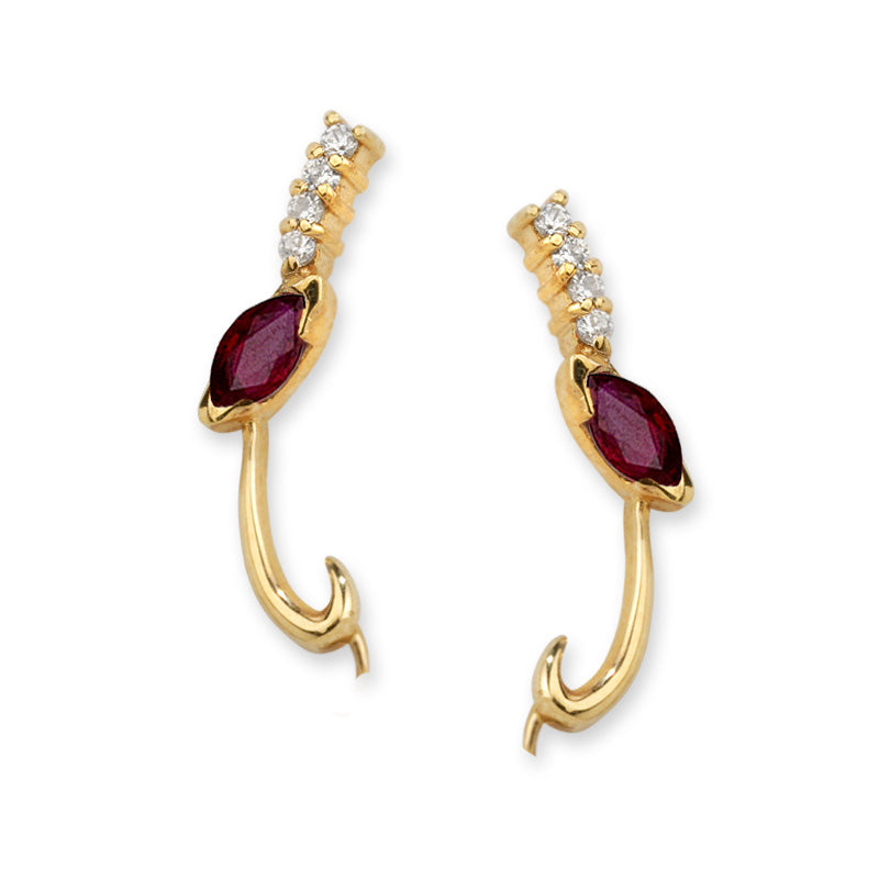 Ruby & Diamond Marquise Ear Pin Earrings in 14k Yellow Gold