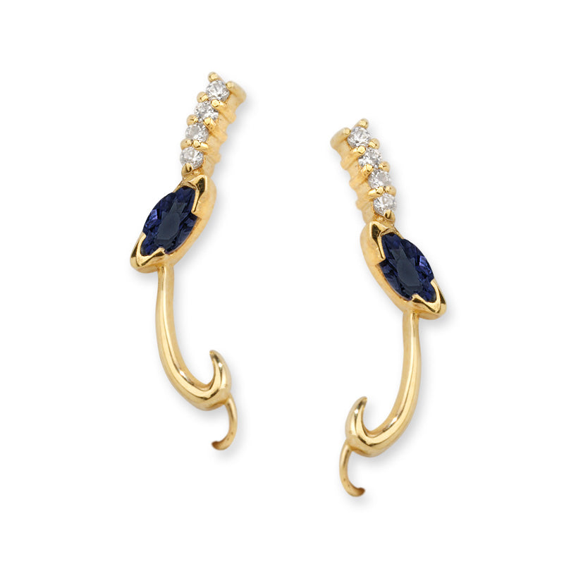Cubic Zirconia Ear Climber Earrings - Blue Sapphire & Cubic Zirconia - Ear Pin - 14k Yellow Gold - Style 7167-SCZ--