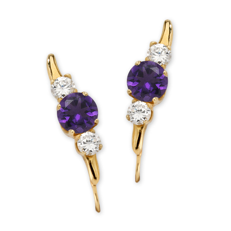 Amethyst w Cubic Zirconia Ear Pin Earclimber Earrings in 14k Yellow Gold