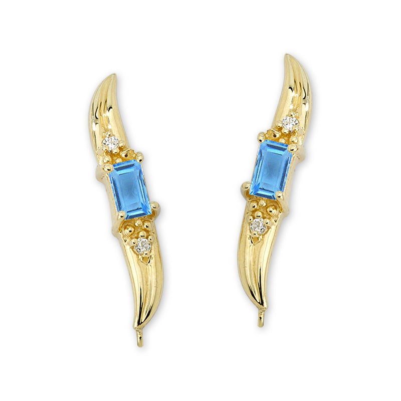 Diamond Ear Climber Earrings - Blue Topaz & Diamond - Ear Pin - 14k Yellow Gold