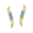 Cubic Zirconia Ear Climber Earrings - Blue Topaz & Cubic Zirconia - Ear Pin - 14k Yellow Gold
