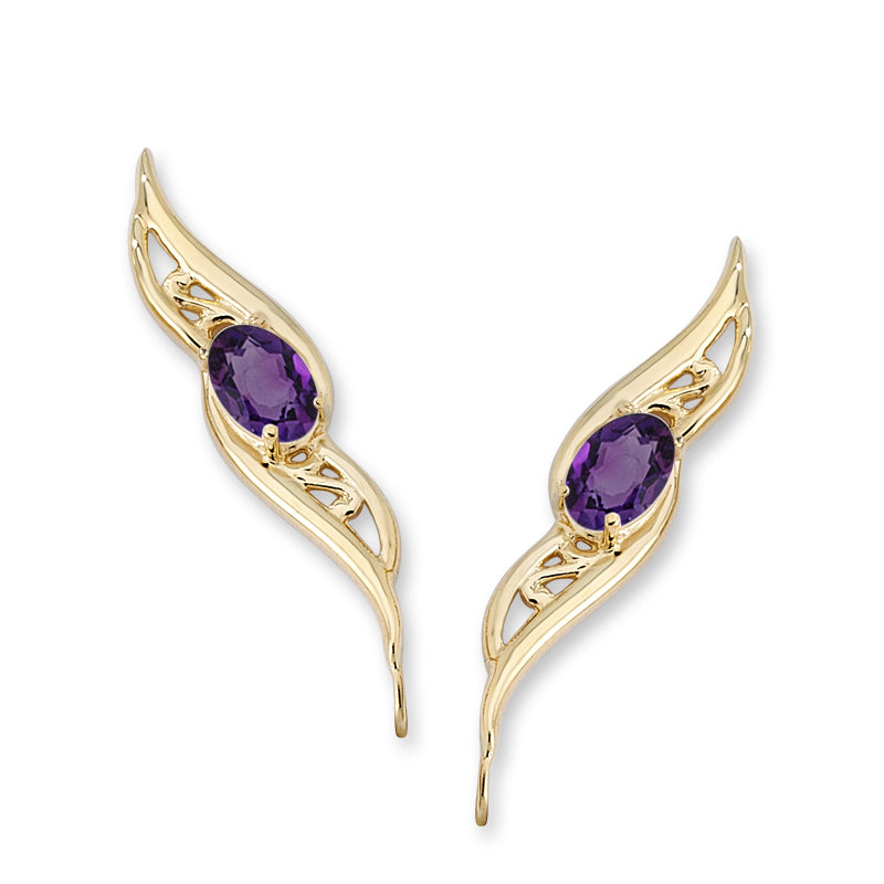 14k Yellow Gold Amethyst Oval Filigree Ear Pin Earrings